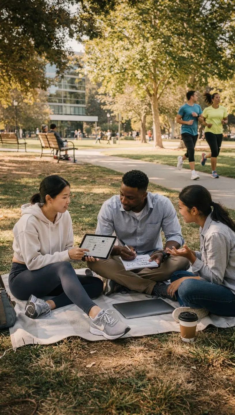 Overhead view of a meeting room where a team discusses task automation strategies using a projector presentation