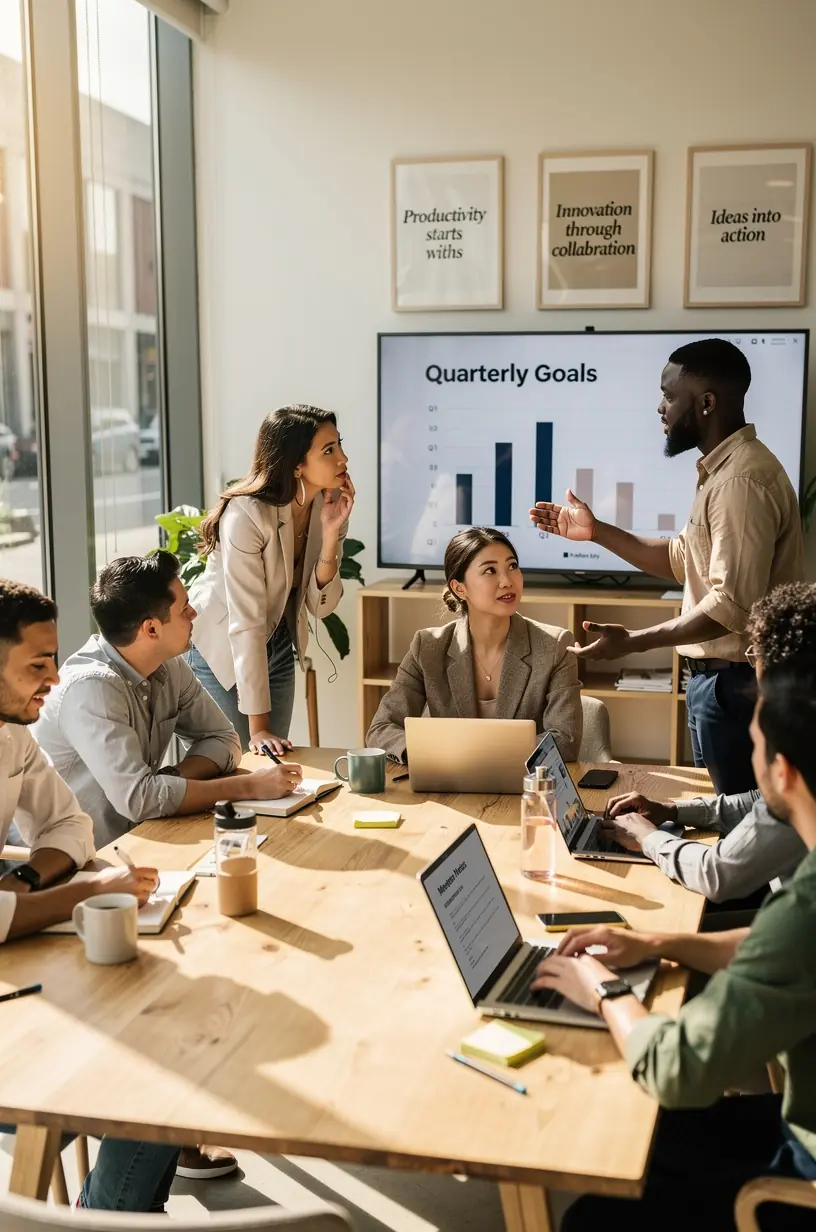Modern office workspace with dual monitors displaying task automation software and workflow charts