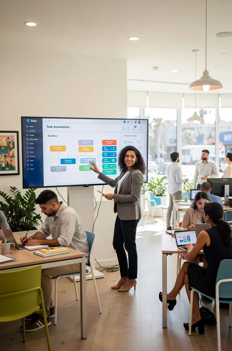 Close-up of hands typing on a laptop keyboard with productivity apps and scheduling tools visible on screen